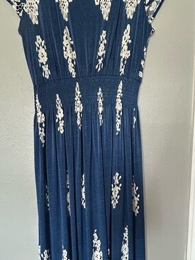 Navy Blue Floral Maxi Dress with Smocked Waist